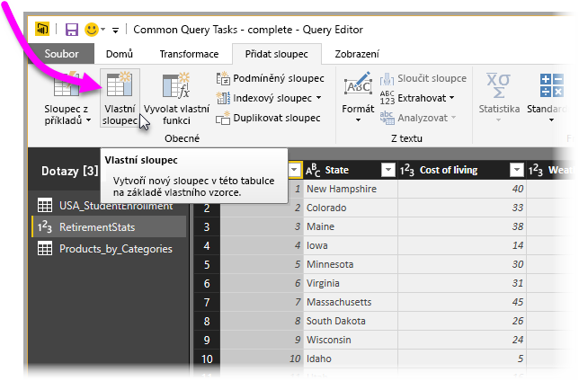 Snímek obrazovky Editor Power Query se zvýrazněnou možností Vlastní sloupec