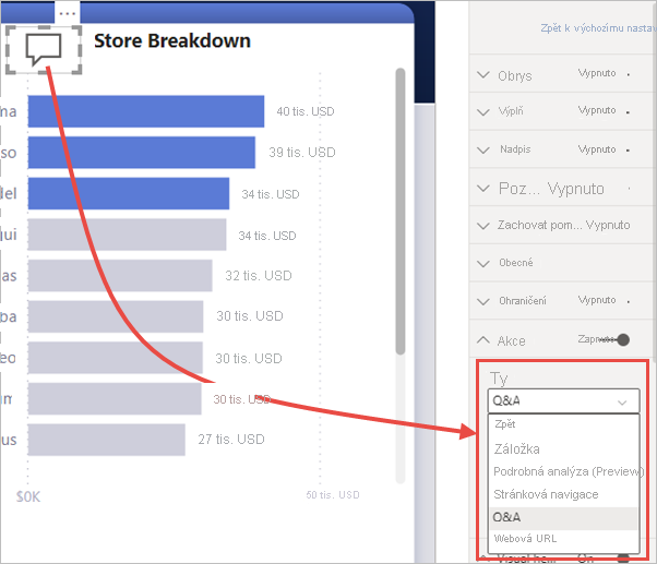 Snímek obrazovky znázorňující výběry akcí pro tlačítko v Power BI