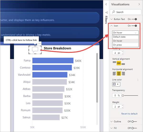 Snímek obrazovky znázorňující stav při najetí myší na tlačítko v sestavě Power BI