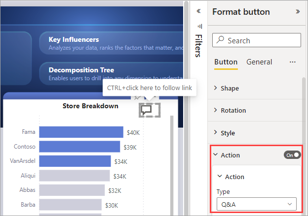 Snímek obrazovky s tlačítkem Q&A v Power BI