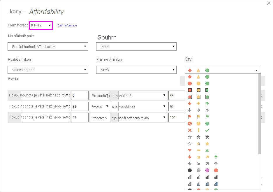 Dialogové okno ikon: Styl formátu je nastavený na Pravidla. Dostupné ikony se zobrazují v rozevíracím seznamu Styl.