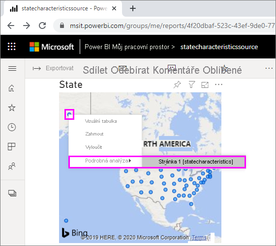 Snímek obrazovky znázorňující možnost podrobné analýzy křížové sestavy Power BI