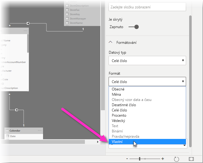 Snímek obrazovky Power BI Desktopu v zobrazení Modelování se zvýrazněním možnosti Vlastní v rozevírací nabídce Formát