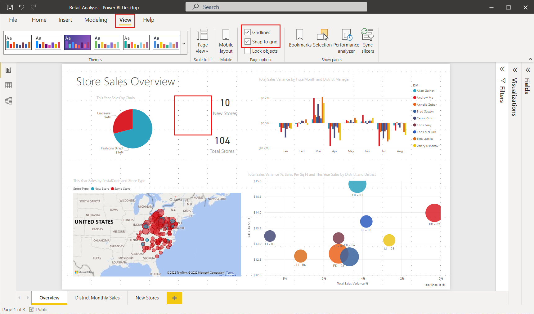 Snímek obrazovky plátna sestavy znázorňující povolení mřížky a přichycení k mřížce v sestavách Power BI Desktopu