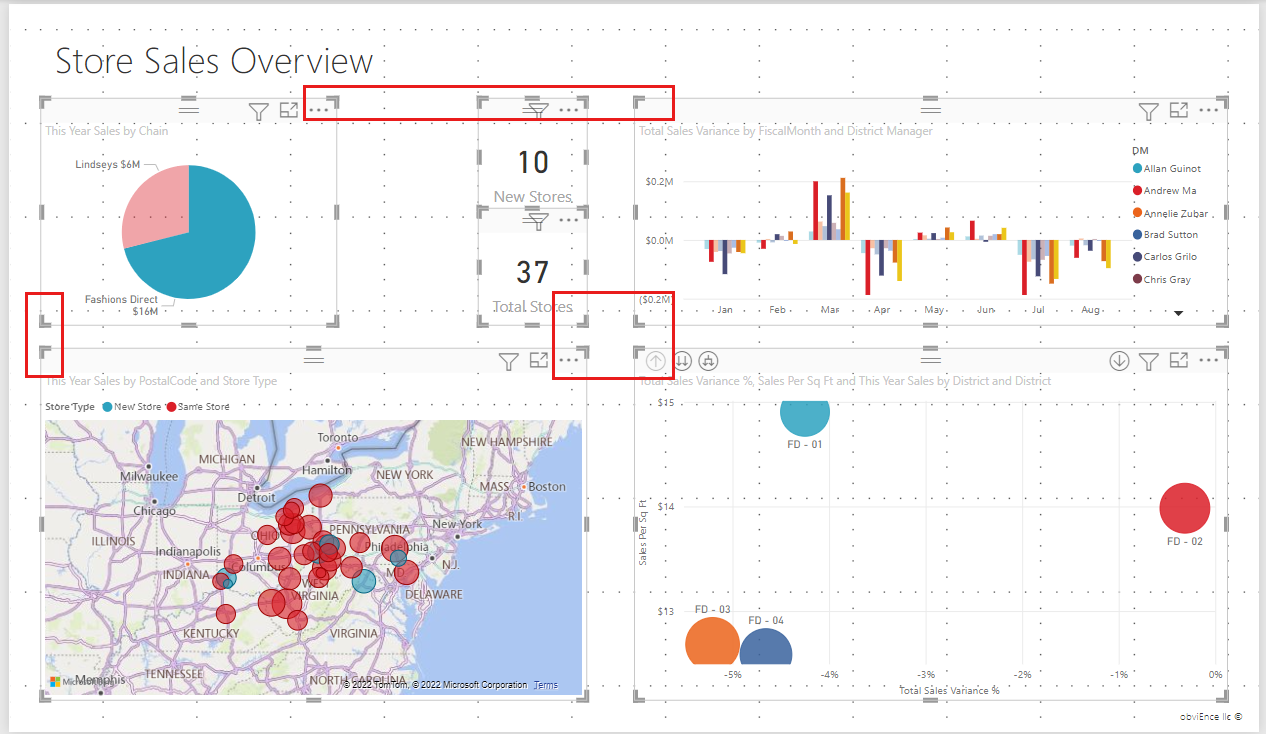 Snímek obrazovky plátna sestavy Power BI znázorňující, jak pomocí mřížky zarovnat vizuály