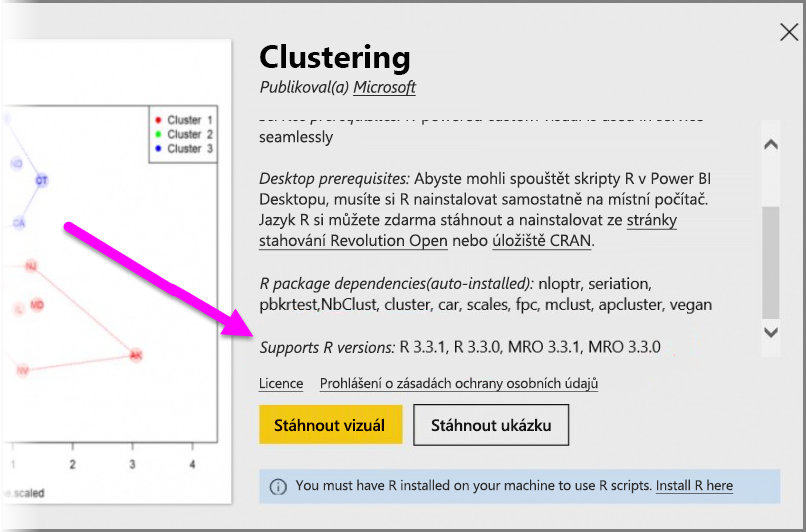 Snímek obrazovky s podporovanými verzemi jazyka R pro vlastní vizuál Power BI I R