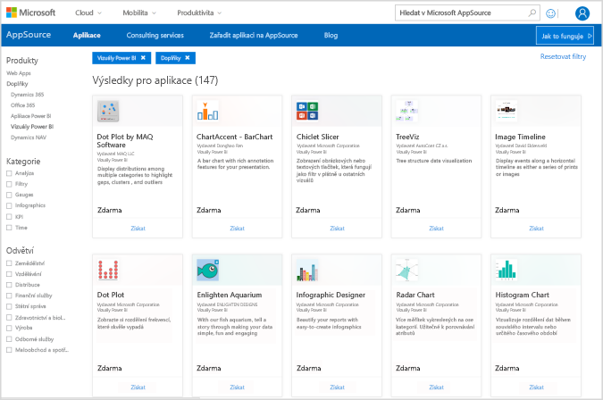 Snímek obrazovky AppSource filtrovaného na vizuály Power Platform a Power BI