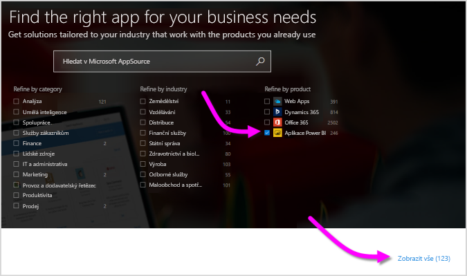 Snímek obrazovky AppSource s aplikacemi Power Platform vybranými v části Produkty