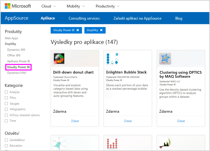 Snímek obrazovky AppSource s vizuály Power BI vybranými v levém podokně