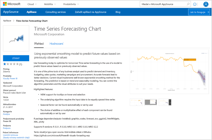 Snímek obrazovky znázorňující vizuál Power BI v diagramu Prognózování časových řad ve zdroji aplikace