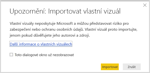 Snímek obrazovky s upozorněním při importu vlastního vizuálu do Power BI Desktopu