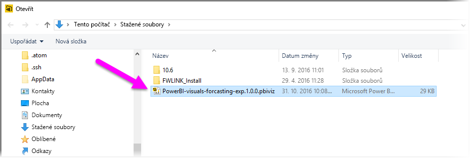 Snímek obrazovky znázorňující výběr souboru vlastní vizualizace Power BI pro import