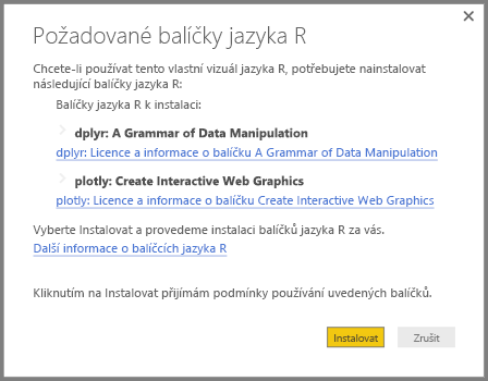 Snímek obrazovky znázorňující balíčky R, které je potřeba nainstalovat pro vlastní vizuál R