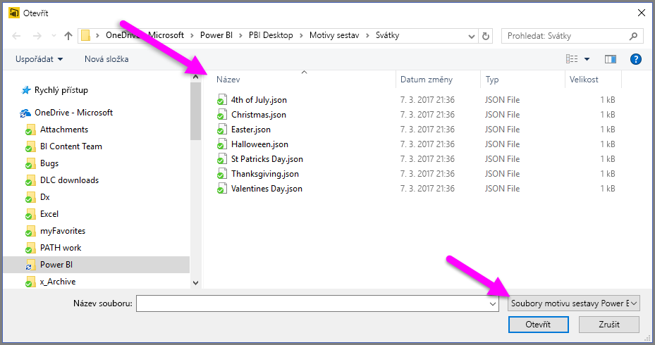 Snímek obrazovky s dialogovým oknem se seznamem souborů JSON s motivem svátků