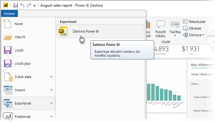 Snímek obrazovky Power BI Desktopu s možnostmi exportu