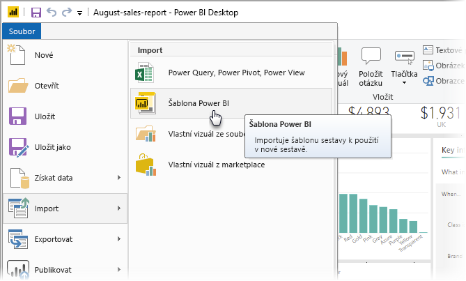 Snímek obrazovky Power BI Desktopu s možnostmi importu