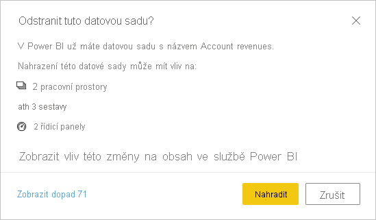 Snímek obrazovky s dialogovým oknem Pro nahrazení tohoto sémantického modelu