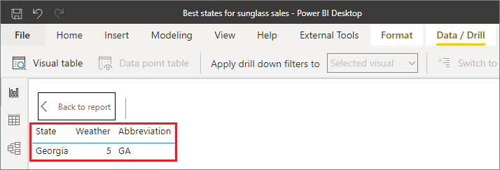 Snímek obrazovky s plátnem Power BI Desktopu Všechna data pro vybraný prvek sloupce jsou viditelná v tabulce.