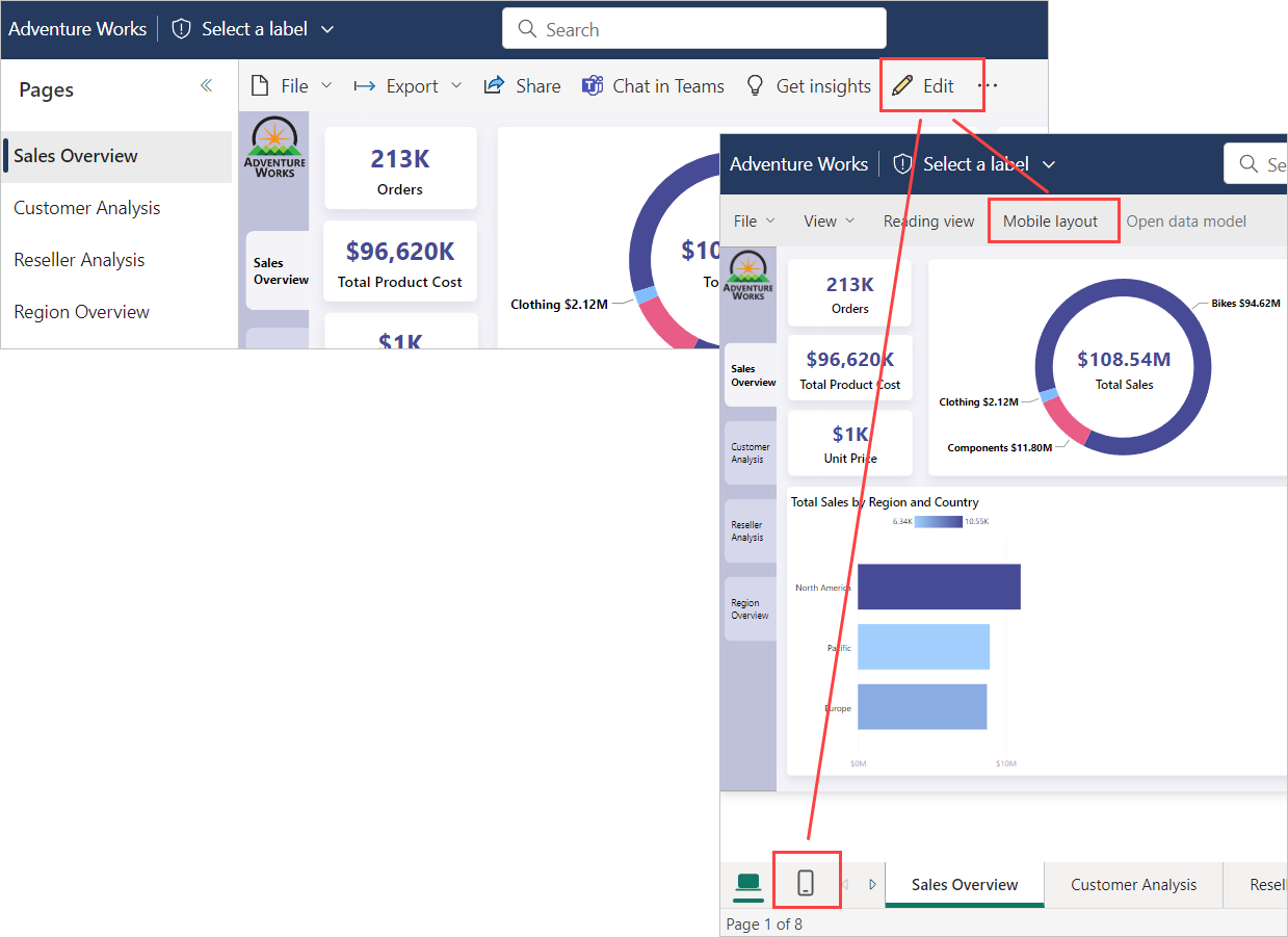 Snímek obrazovky znázorňující přepínač rozložení v služba Power BI