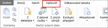 Karta Upřesnit v Doplňku PowerPivot