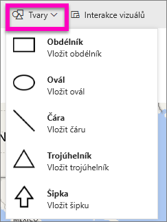 Snímek obrazovky Power BI Desktopu se zvýrazněnou možností vložení obrazce