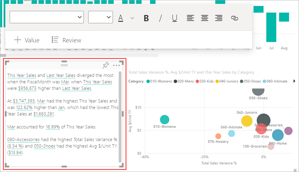 Snímek obrazovky služba Power BI se zvýrazněním textového pole inteligentní vyprávění