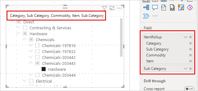 Snímek obrazovky s průřezem hierarchie v Power BI Desktopu