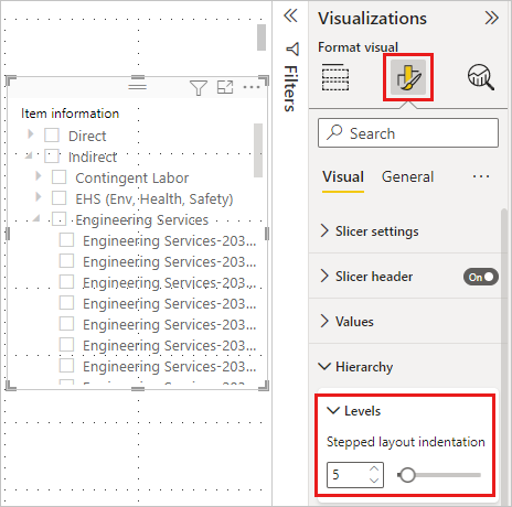 Snímek obrazovky nastavení odsazení průřezu hierarchie v Power BI Desktopu