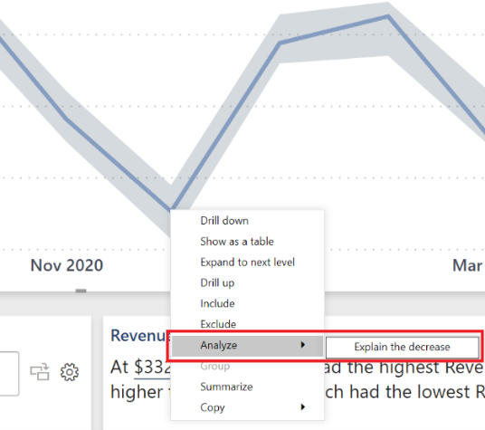 Screenshot of Quick insights to explain the decrease.