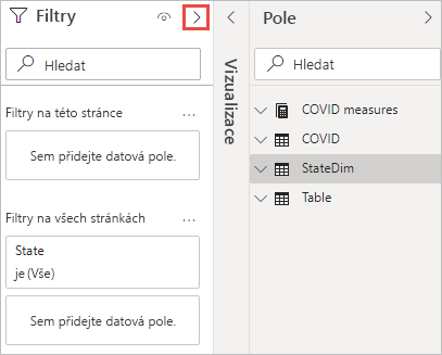Snímek obrazovky znázorňující, jak rozbalit podokno Filtry