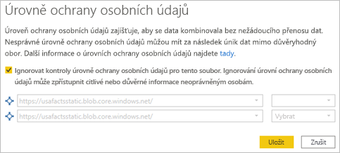 Snímek obrazovky znázorňující, jak vybrat úrovně ochrany osobních údajů