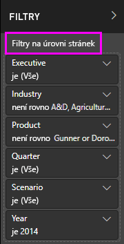 Snímek obrazovky ukazuje filtry na úrovni stránky.