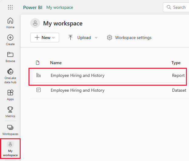 Screenshot shows My workspace with the Employee Hiring and History report highlighted.