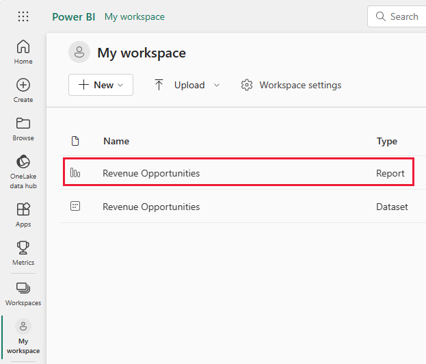 Screenshot shows the Revenue Opportunities sample report and semantic model links.