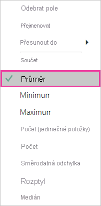 Snímek obrazovky s agregačním seznamem s vybranou možností Průměr a označeným seznamem