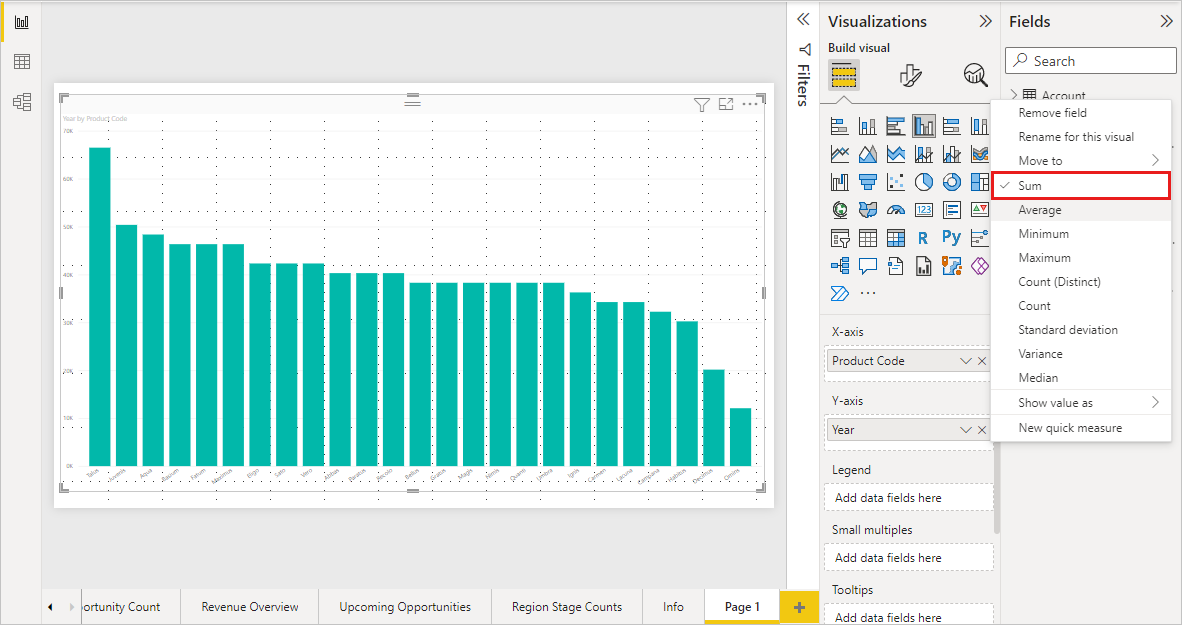 Snímek obrazovky s grafem v Power BI Desktopu, podokně Vizualizace a seznamu Pole s vyvolaným součtem