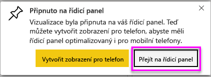 Snímek obrazovky se zprávou o úspěchu a zvýrazněním možnosti Přejít na řídicí panel