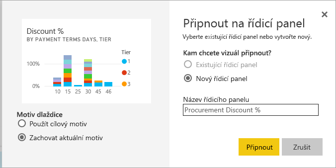 Snímek obrazovky s oknem Připnout na řídicí panel