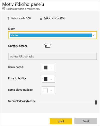 Snímek obrazovky s dialogovým oknem Motiv řídicího panelu s vybranou možností Vlastní motiv