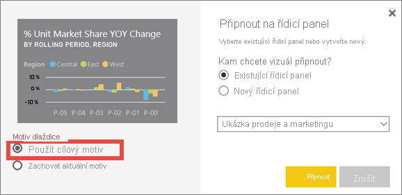 Snímek obrazovky s oknem Připnout na řídicí panel a zvýrazněnou možností Použít cílový motiv