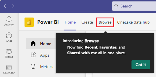 Snímek obrazovky znázorňující nové prostředí pro procházení v osobní aplikaci Power BI v Teams