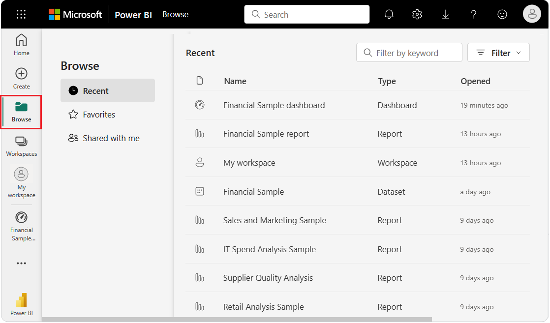 Snímek obrazovky s novou stránkou Procházet v služba Power BI