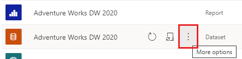 Snímek obrazovky se zobrazením obsahu pracovního prostoru Power BI se zvýrazněným tlačítkem Další možnosti v sémantickém modelu