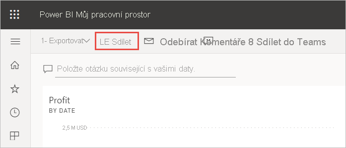 Snímek obrazovky s pracovním prostorem a zvýrazněním ikony Sdílet