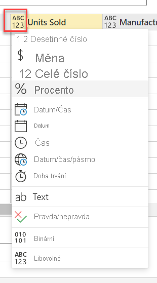 Snímek obrazovky s možnostmi datového typu pro sloupec