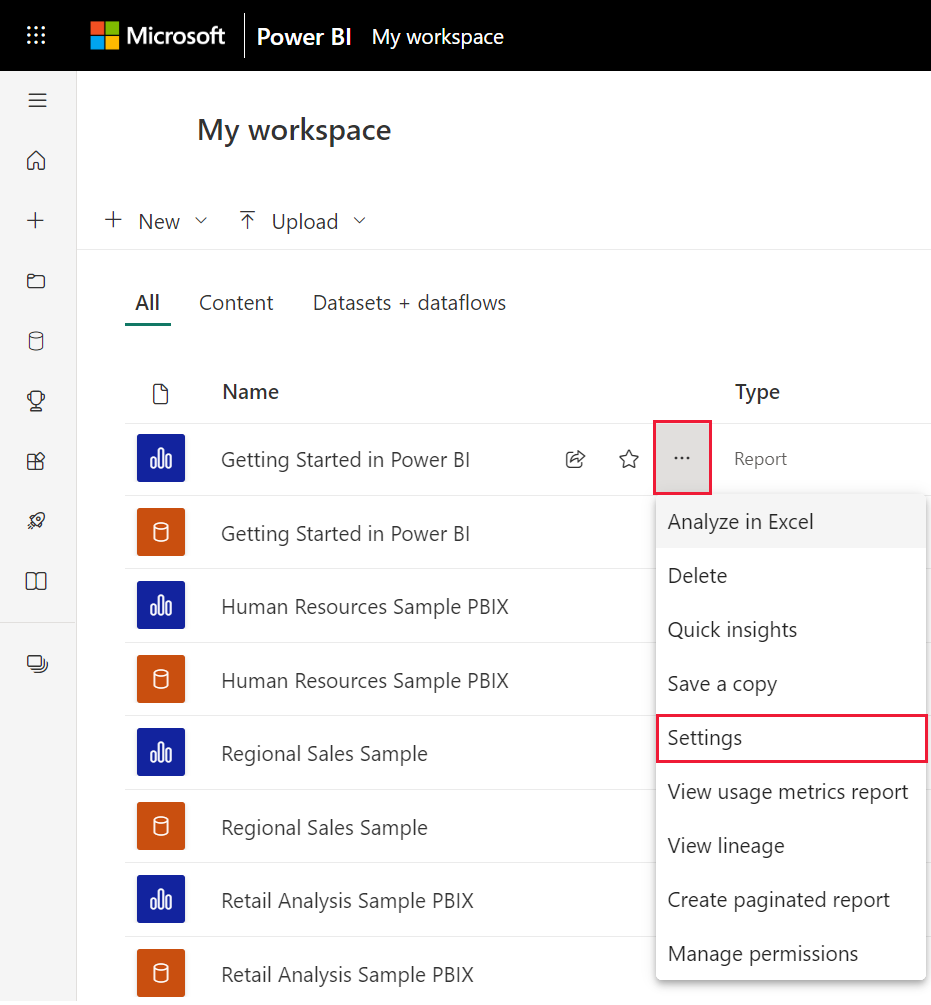 Snímek obrazovky s pracovním prostorem v služba Power BI