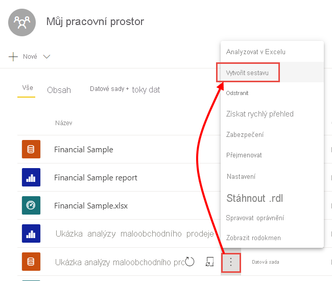 Snímek obrazovky s pracovním prostorem a zvýrazněním dalších možností a vytvořením sestavy