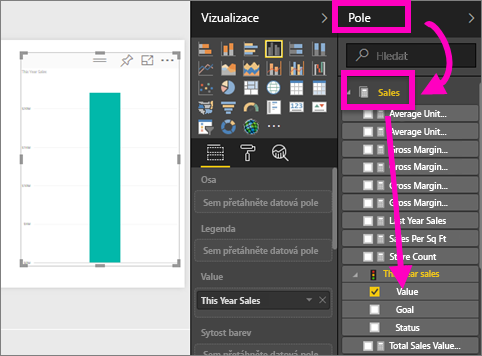 Snímek obrazovky s editorem sestav se zvýrazněním podokna Data, Prodej, This Year Sales a Value