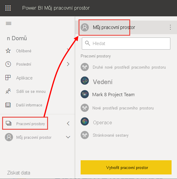 Snímek obrazovky služba Power BI se zvýrazněním nového a sémantického modelu