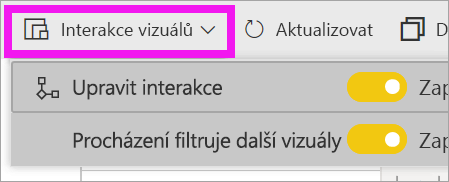 Snímek obrazovky služba Power BI se zvýrazněním rozevíracího seznamu Interakce vizuálů